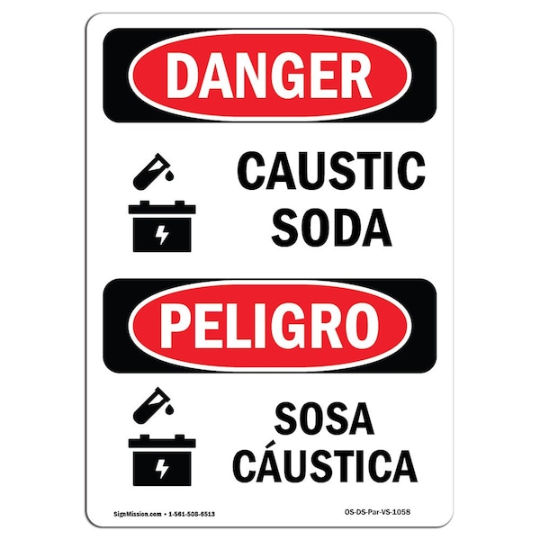Safety Sign, OSHA Danger, 5" Height, Caustic Soda, Bilingual Spanish, 10PK